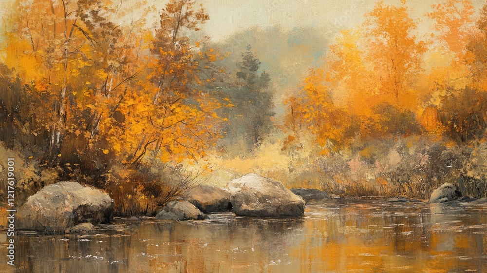 Poster autumn landscape with colorful foliage by a calm river surrounded by rocks and trees in soft warm to