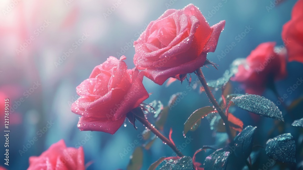 Poster close-up of pink roses with dew drops against a blurred background featuring soft lighting and a col
