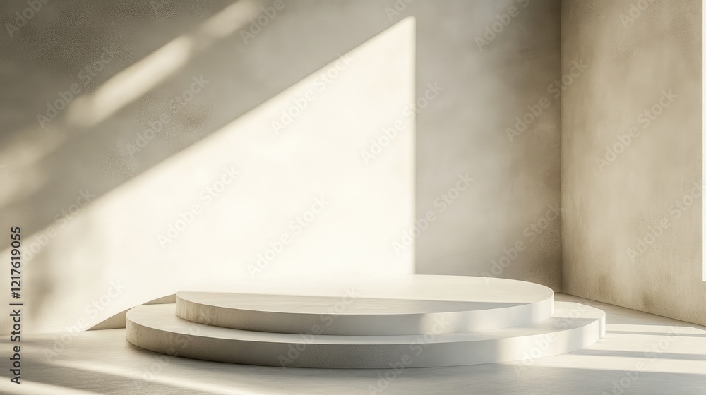 Poster minimalist interior with circular stepped platform illuminated by natural light and shadows in an em