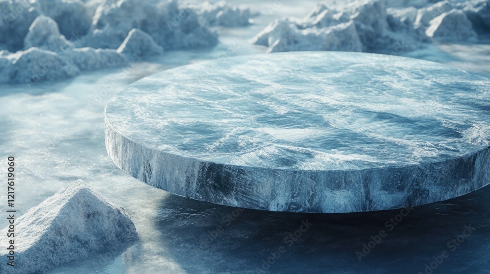 Poster abstract circular platform on calm water surface surrounded by rocky terrain with soft lighting and 