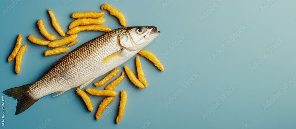 Aufkleber fresh fish with turmeric roots arranged on a blue background with copy space for text placement.