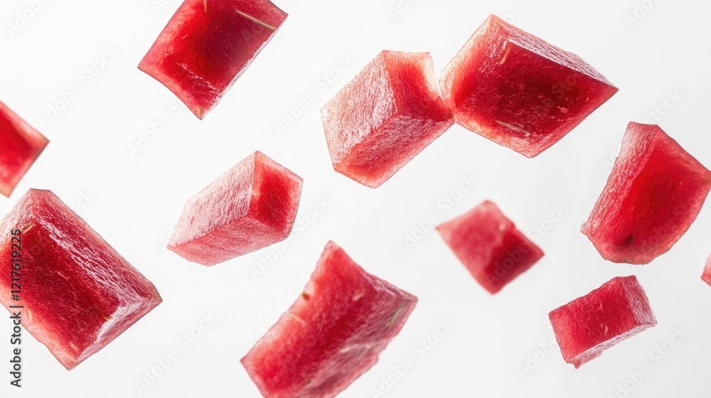 Poster fresh watermelon cubes floating with white background and copy space for text. high-quality image of