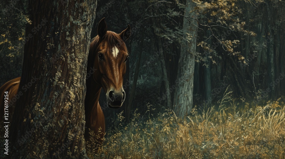 Poster brown horse partially obscured by a tree in a dense forest with soft lighting and golden grass in th