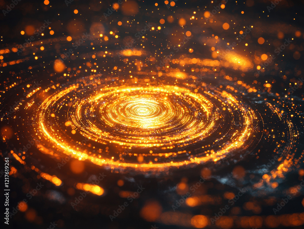 Poster single glowing qubit with a golden core emits energy spirals in a futuristic sci-fi atmosphere surro