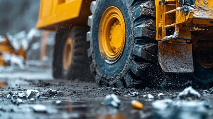 Close-up of a large yellow construction vehicle tire splashing through muddy terrain, highlighting the rugged texture and details