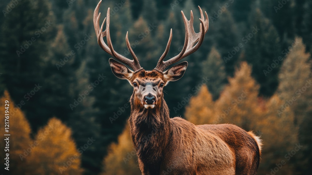 Poster majestic stag with large antlers in a forest backdrop during autumn with colorful trees and foliage 