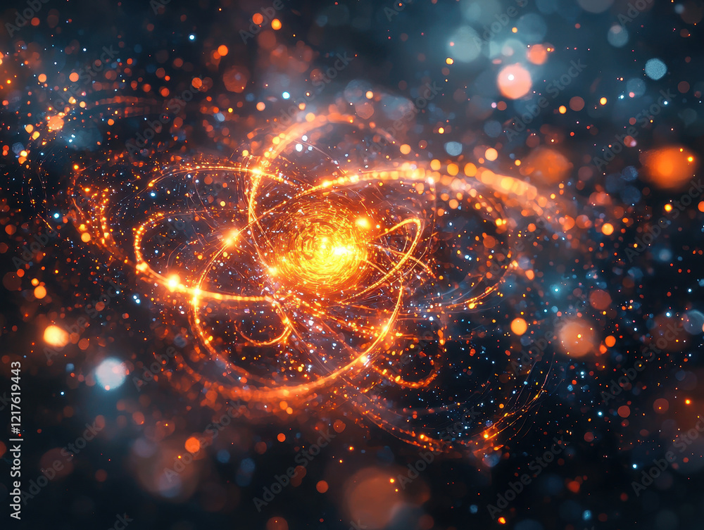 Poster intricate glowing qubit with golden core surrounded by spiraling energy waves and floating particles