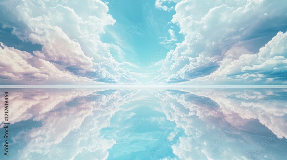 Poster vast sky with fluffy clouds reflected on calm water surface under bright light with copy space for t