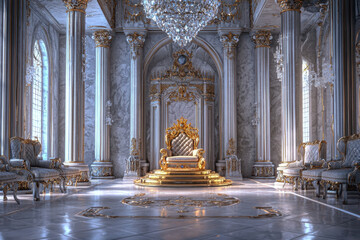 Obraz premium Elegant palace throne room with ornate golden throne and crystal chandelier, evoking a sense of royalty and grandeur