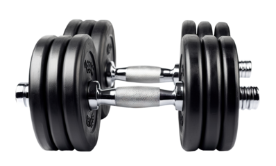 Black metal dumbbells for weight training, isolated on transparent cutout background