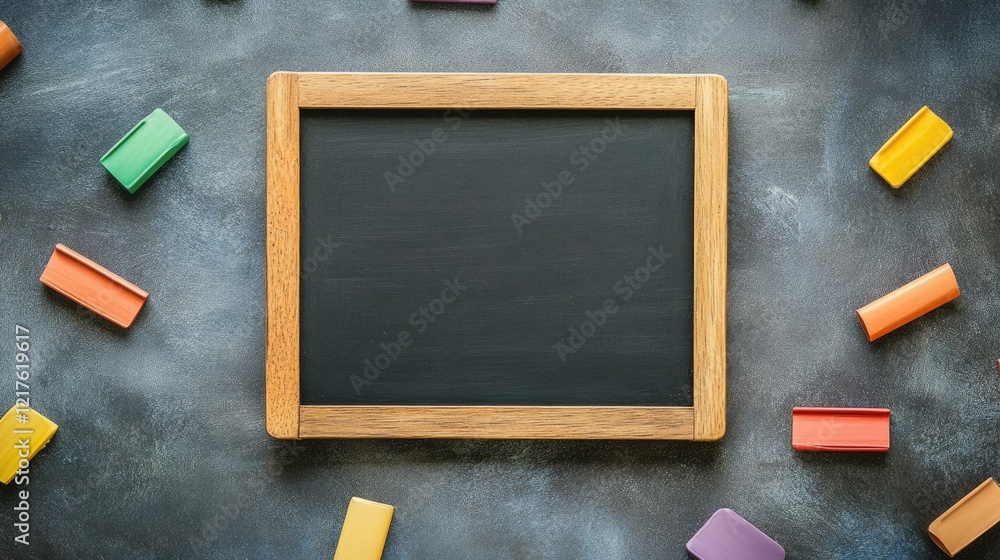 Poster chalkboard with wooden frame surrounded by colorful erasers on a textured dark background with copy 