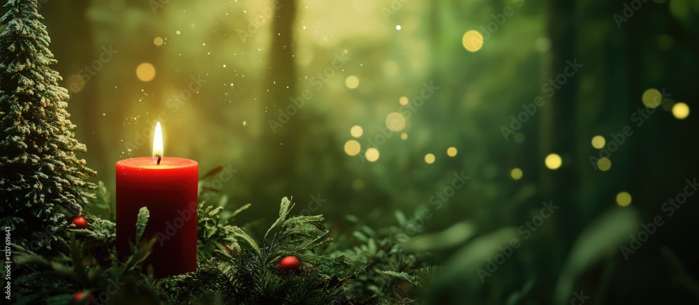 Poster red candle with flame surrounded by evergreen foliage and soft glowing lights in a forest setting wi