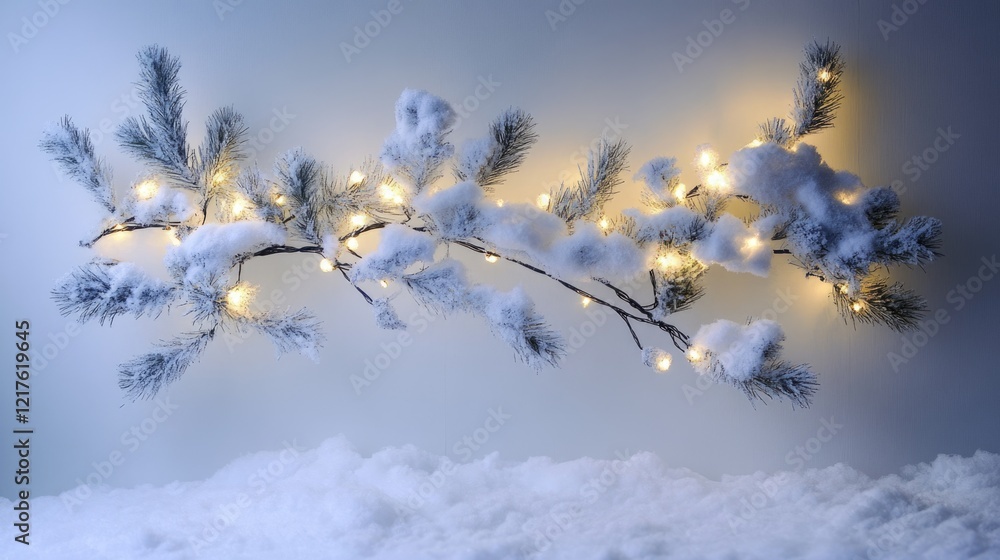 Aufkleber snow-covered pine branch with fairy lights against a light background and soft snow below with copy 