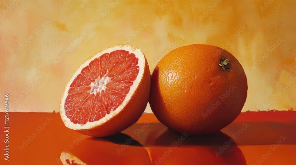 Poster ripe orange and half grapefruit on smooth red surface with warm yellow background featuring copy spa