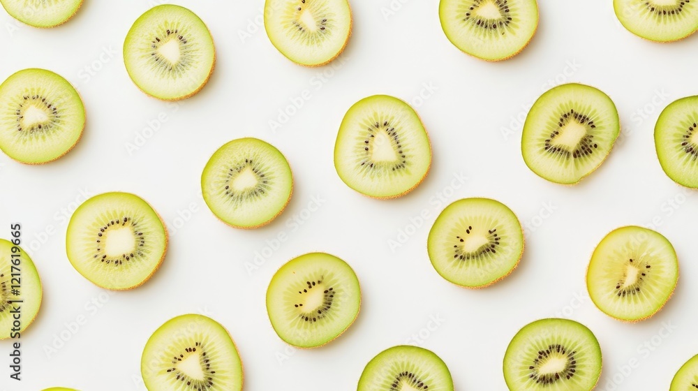 Poster sliced kiwi fruit arranged on a white background with ample copy space for text placement