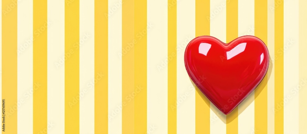 Poster red heart shape on a vibrant yellow striped background with ample copy space for text addition.