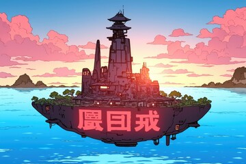 Obraz premium Futuristic Island City Floating on Tranquil Ocean Waters
