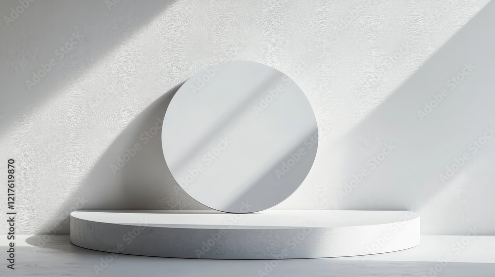 Poster modern minimalistic interior with circular mirror and curved platform casting shadows on neutral bac