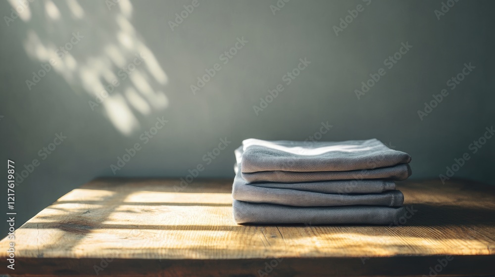 Poster folded gray towels stacked neatly on a wooden surface with soft natural light and shadows creating a