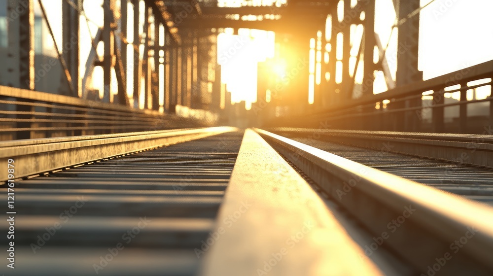 Poster sunset view of railway tracks on a bridge with warm light illuminating the scene and ample copy spac