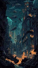 Obraz premium Cityscape Submerged with Fish Swimming Above Buildings