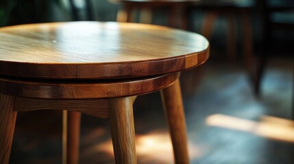 Obraz premium Wooden table with round top and legs, cafe interior with natural light, focus on surface texture and details, Copy Space