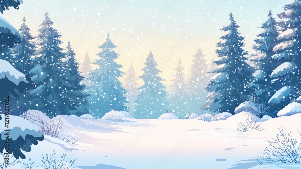 Aufkleber winter landscape with snow-covered pine trees and falling snowflakes in a serene forest setting with