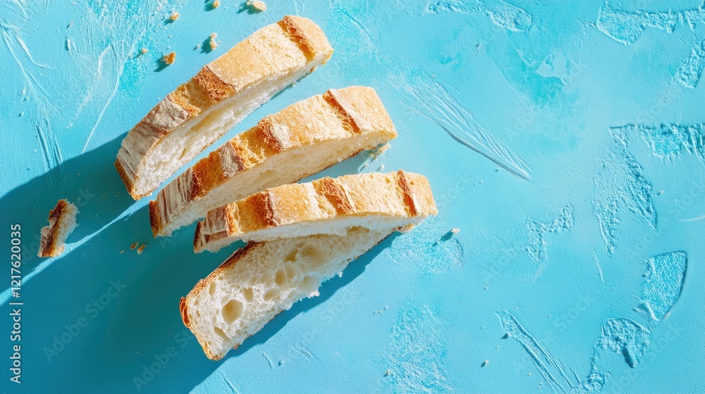 Poster sliced fresh bread on a turquoise background with shadows and copy space for text placement