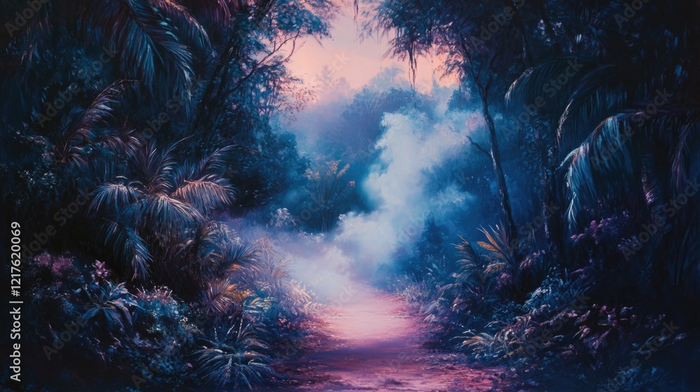 Poster misty forest path at dawn with lush greenery and soft light creating a tranquil atmosphere copy spac