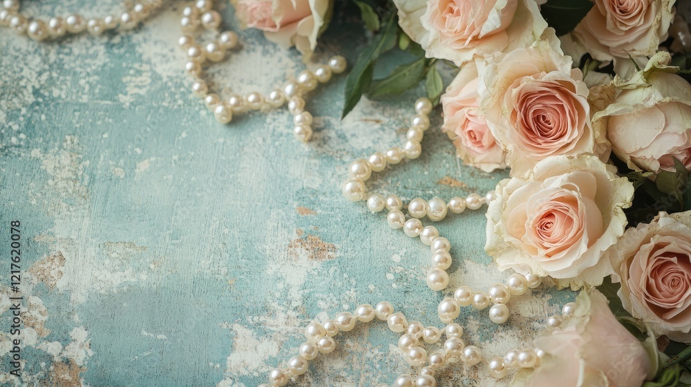 Poster roses and pearls on a textured blue background with copy space for text and design elements