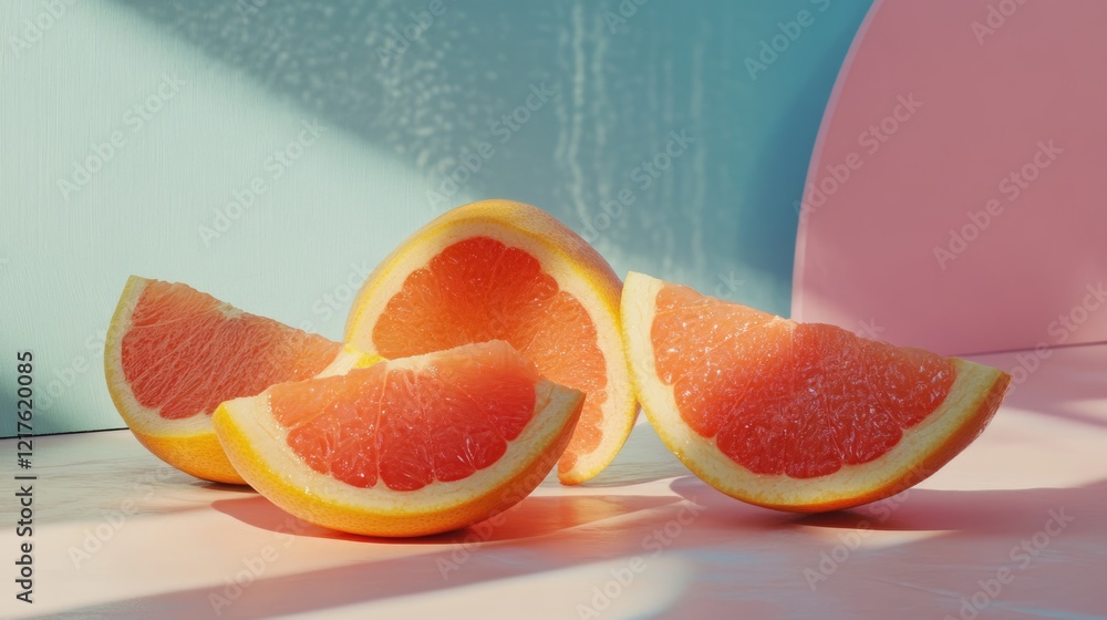 Poster fresh grapefruit slices arranged artfully on a pastel surface with soft lighting and colorful backgr