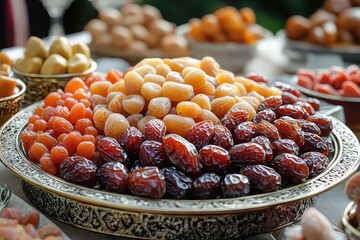 A beautifully plate of dates and sweets for breaking fast