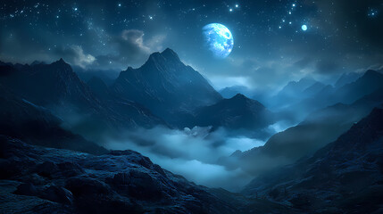 Naklejka premium Abstract mountains moonlit night. Moonlit Ridge. Illustration