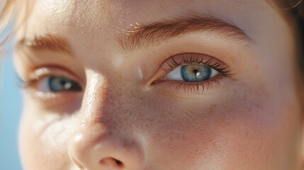 Fototapeta premium Close-up portrait of a young woman with blue eyes and freckles, highlighting natural beauty, skin texture, and macro details, Copy Space.
