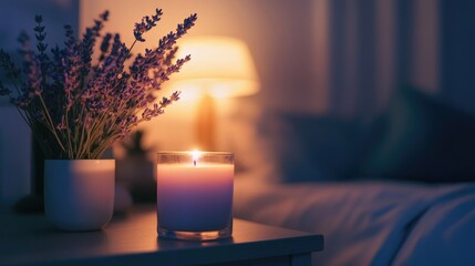 Lavender flowers in vase beside lit candle on bedside table with blurred lamp in softly lit bedroom at night Copy Space
