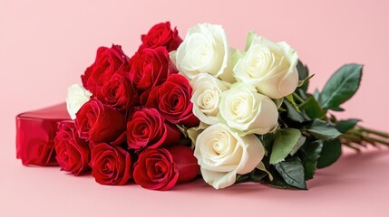 Red and white rose bouquet on pink background with heart-shaped gift box and copy space for text