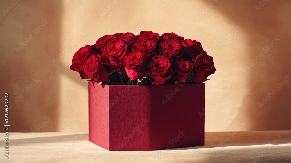 Poster box of fresh red roses in a square red container with soft lighting and copy space for text