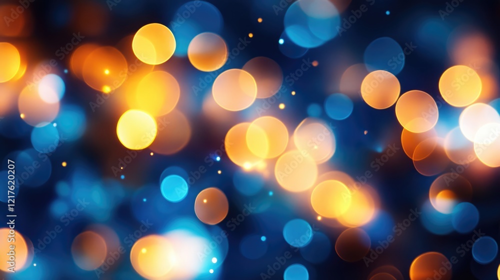 Poster blurred colorful bokeh lights in shades of orange and blue with copy space for text use