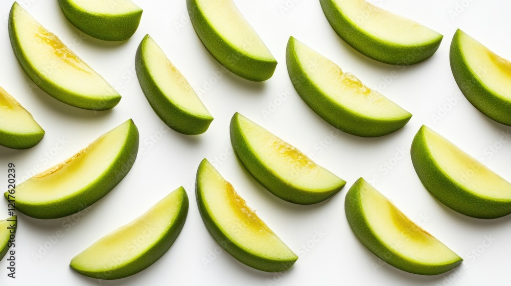 Poster fresh green melon slices arranged on a white background with copy space for text.