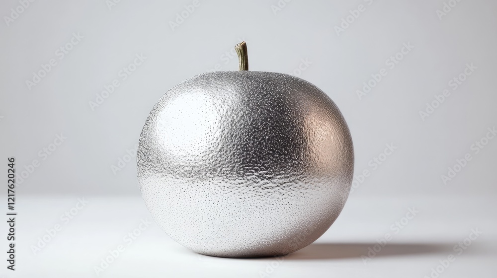 Poster silver textured apple with a stem on white background and ample copy space for text placement.