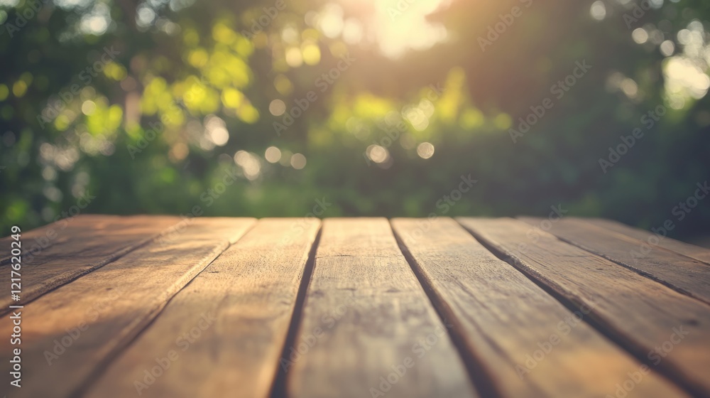 Poster wooden table surface in sunlight with blurred green background and bokeh effect copy space