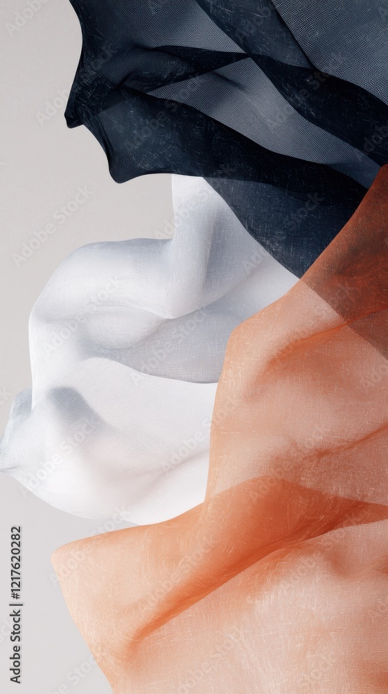 Poster dynamic minimalistic layers of textured fabrics studio setting abstract art soft colors close-up vie