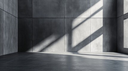 Empty concrete room with large shadows cast by windows and ample copy space on the walls and floor for text or design elements