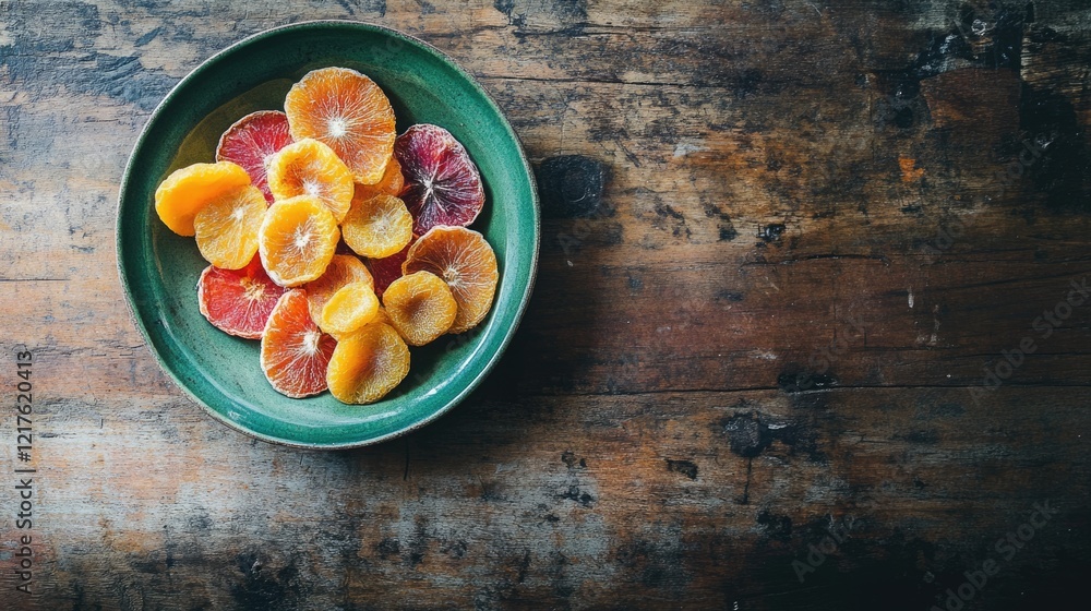 Poster colorful citrus fruit slices arranged in a green bowl on rustic wooden table with copy space for tex