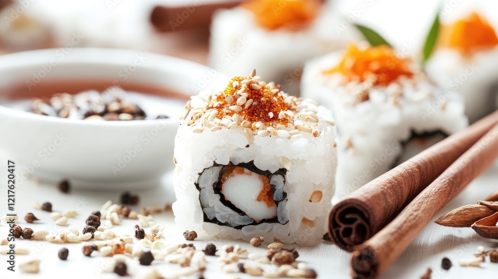 Poster sushi rolls with sesame seeds and spicy sauce on a light surface with assorted spices in the backgro
