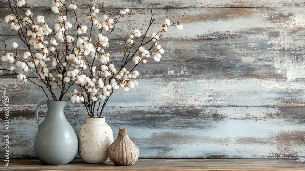 Poster Decorative vases with cotton branches on rustic wooden table against textured background with copy space