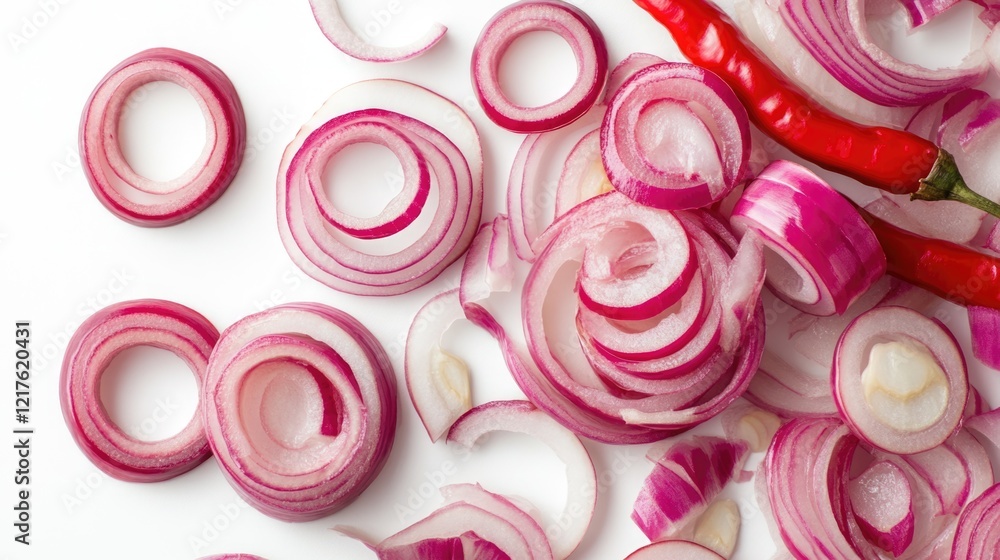 Poster sliced red onions and chili peppers on white background with copy space for text placement