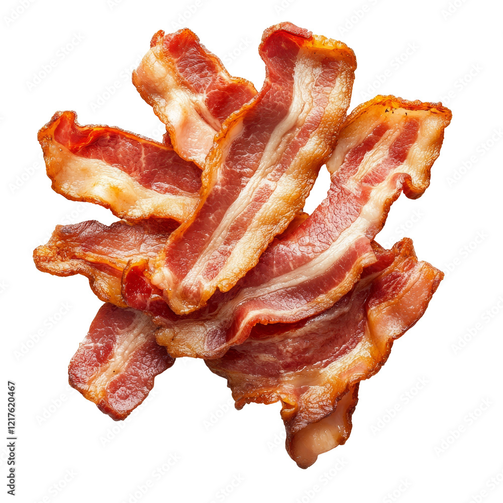 Poster crispy bacon strips arranged neatly on a transparent background for culinary presentation, bacon iso