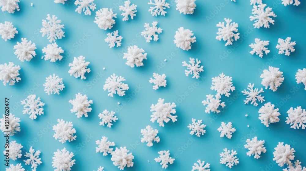 Poster snowflake decorations scattered on a blue background with copy space for text addition.