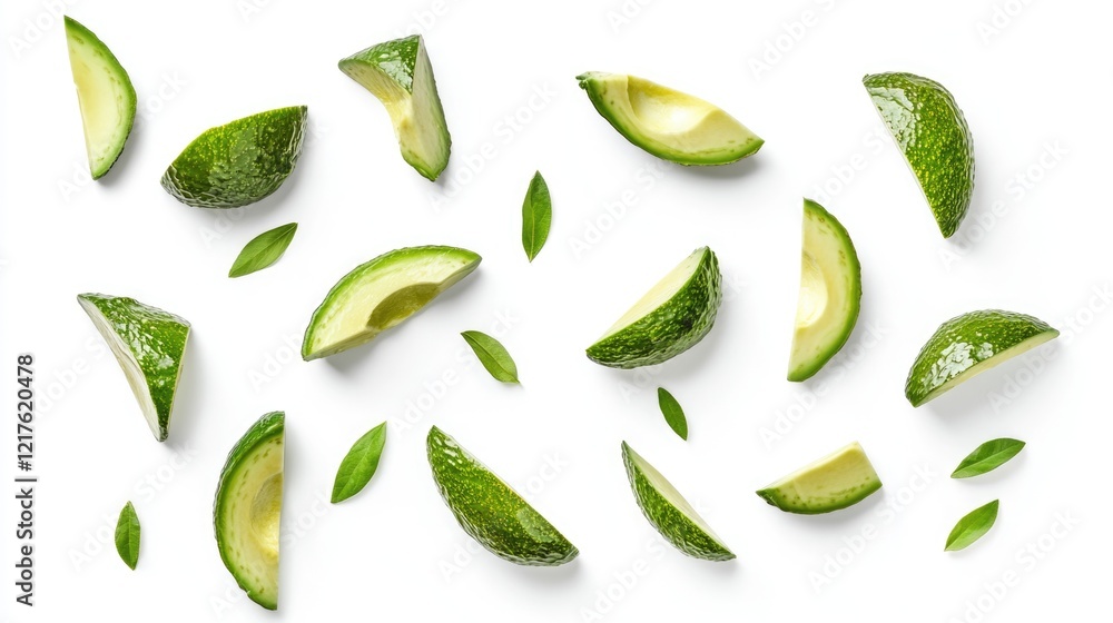 Poster avocado slices and green leaves scattered on white background with copy space for text